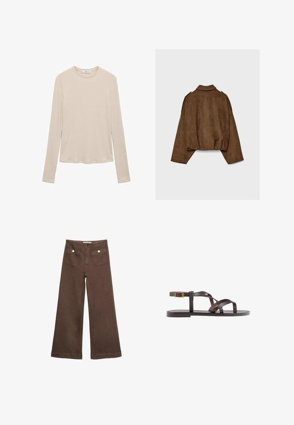 Rjava jakna iz umetnega usnja z ovratnikom, širokim krojem in spuščenimi rameni. Hrbtni del ima navpične šive in krajšano zasnovo.; Dolga majica z dolgimi rokavi v svetlo bež rebrasti tkanini. Ima okroglo ovratnik in sproščen kroj. Material kaže rahlo teksturo po celotni površini.; Svetlo rjave široke hlače iz bombaža, ki vključujejo dva sprednja žepa s srebrnimi gumbi in gladko teksturo.; Rjav usnjen sandal z načinom prečnega črta, zaklepom okoli gležnja in ravnim podplatom z minimalnimi šivi.