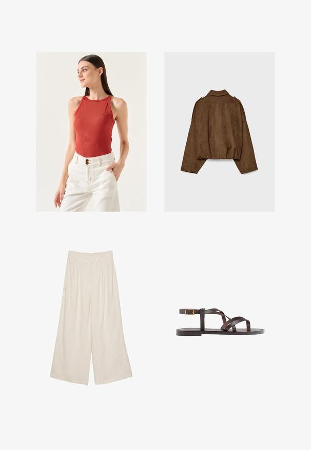 Bruine jas van imitatie suède met een kraag, een oversized pasvorm en doorgezakte schouders. De achterkant heeft verticale naaddetails en een cropped ontwerp.; Jimmy Key SLIM FIT HALTER NECK BASIC TOP - Top - brown; Linnen wijde broek in een lichtbeige kleur met een geplooid ontwerp en een elastische tailleband voor comfort en draaggemak.; Bruine leren sandaal met kruisingen van banden, een enkelgesp-sluiting en een platte zool met minimale stikdetails.
