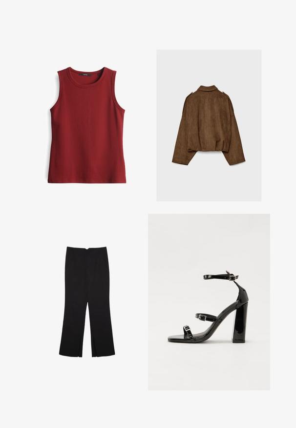 Giacca marrone in finto camoscio con collo a camicia, vestibilità oversize e spalle scese. La parte posteriore presenta cuciture verticali e un design corto.; Top senza maniche rosso a coste con scollatura rotonda, realizzato in tessuto texture, privo di hardware o dettagli visibili.; Pantaloni neri a gamba dritta, con tasche frontali e spacchi laterali all'orlo. Realizzati in tessuto morbido e liscio. Adatti a diverse occasioni.; Sandali con tacco in vernice nera, con punta squadrata, cinturini alla caviglia e fibbie in argento. Presentano un tacco a blocco spesso per maggiore stabilità.