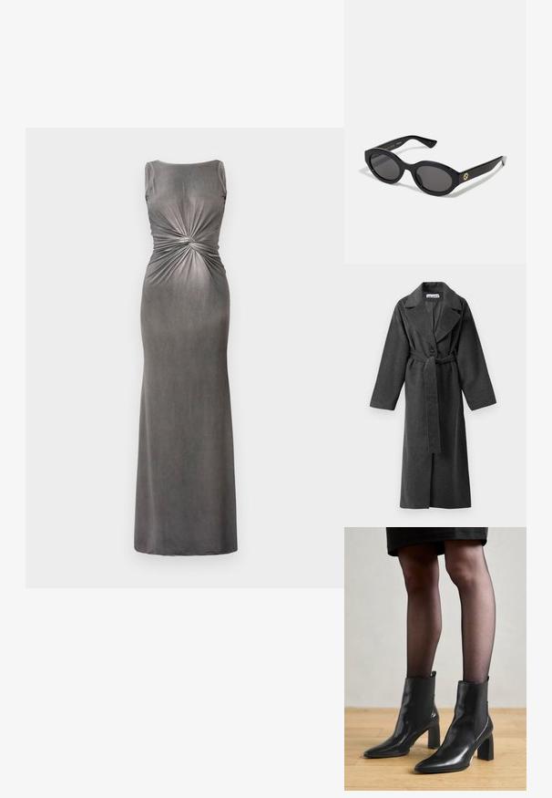 Casaco de lã longo, cinza escuro, com lapelas largas, um botão, cintura cingida e dois bolsos laterais, apresentado sobre um fundo branco.; Suéter cinza cropped com um decote largo, mangas longas e um tecido de malha macia e texturizada. Design simples, sem padrões ou ornamentos.; Vestido maxi cinza justo com decote arredondado e detalhe torcido na cintura. Feito de um tecido suave e liso com uma textura ligeiramente brilhante.; Botas de tornozelo em couro preto com bico fino, salto quadrado robusto e design elegante. Apresenta painéis laterais elásticos para facilitar o calçar.; Óculos de sol ovais pretos com lentes escuras e armação de plástico brilhante. Apresenta um logotipo dourado na haste, oferecendo um design elegante e moderno.