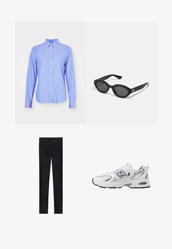 Donkergrijze lange wollen jas met brede revers, één knoop, ceintuur in de taille en twee zijzakken, weergegeven op een witte achtergrond.; Grijze cropped trui met een brede halslijn, lange mouwen en een zachte, structuur gebreide stof. Eenvoudig ontwerp, geen patronen of versieringen.; GANT STRIPED - Overhemdblouse - hellblau/weiß; Zwarte leggings van rekbaar stof; met een gladde textuur, volledige lengte en een elastische tailleband zonder zichtbare naden.; Witte sport schoen met mesh bovenkant, marineblauwe accenten en een gehoorzaamde zool. Bevat het "N" logo, veters en een gestructureerde detail aan de zijkant.; Zwarte ovale zonnebril met donkere glazen en een glanzend kunststof frame. Heeft een gouden logo op de poot, dat een strakke en moderne uitstraling biedt.; Grijze handtas met textuur, voorzien van een gevoerde handgreep, gaasaccenten, verstelbare schouderband en een sluiting aan de voorkant. Compact ontwerp met een ronde vorm.