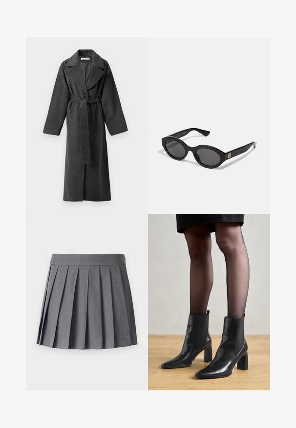 Mørk grå lang ullfrakk med brede slag, én knapp, belte i midjen og to sidelommer, vist på hvit bakgrunn.; Grå avkortet genser med vid halslinning, lange ermer, og et mykt, teksturert strikket stoff. Enkel design, ingen mønstre eller dekorasjoner.; SOMETHINGNEW SNMEGAN MINI - Plisséskjørt - harbor mist; Sorte ankelstøvler i skinn med spiss tå, chunky firkantet hæl, og slank design. Har elastiske sidede paneler for enkel påføring.; Sorte ovale solbriller med mørke linser og blank plastramme. Har gulllogo på stengene, og tilbyr et elegant og moderne design.