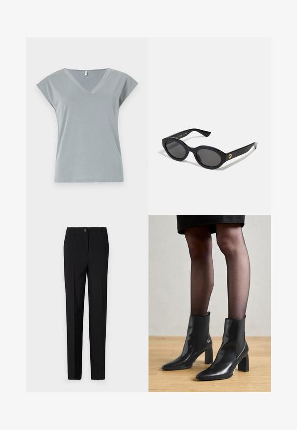Mörkgrå lång ullkappa med breda slag, en knapp, bältesmidja och två sidofickor, uppvisad på en vit bakgrund.; Grå kort ärmad tröja med vid halsringning, långa ärmar och ett mjukt, strukturerat stickat tyg. Enkel design, utan mönster eller dekorationer.; Grå v-ringad t-shirt med korta ärmar, tillverkad av ett mjukt tyg som sträcker sig något, med en avslappnad passform och minimala sömnadsdetaljer.; Svart skräddarsydda byxor med rak passform, utrustade med knappstängning och bälteshällor, tillverkade av ett slätt tyg.; Svarta läderankelstövlar med spetsig tå, kraftig kvadratisk klack och en slank design. Har elastiska sidopaneler för enkel påtagning.; Svarta ovala solglasögon med mörka linser och blank plastbåge. Utrustade med en gyllene logotyp på bågen, vilket ger en snygg och modern design.