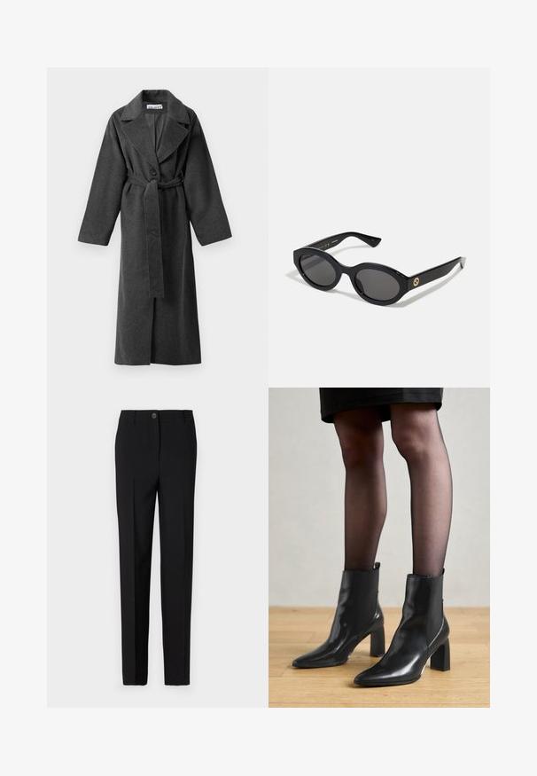 Casaco de lã longo, cinza escuro, com lapelas largas, um botão, cintura cingida e dois bolsos laterais, apresentado sobre um fundo branco.; Suéter cinza cropped com um decote largo, mangas longas e um tecido de malha macia e texturizada. Design simples, sem padrões ou ornamentos.; Calças pretas ajustadas com um design de perna reta, apresentando fecho de botão e passantes para cinto, feitas de tecido suave.; Botas de tornozelo em couro preto com bico fino, salto quadrado robusto e design elegante. Apresenta painéis laterais elásticos para facilitar o calçar.; Óculos de sol ovais pretos com lentes escuras e armação de plástico brilhante. Apresenta um logotipo dourado na haste, oferecendo um design elegante e moderno.