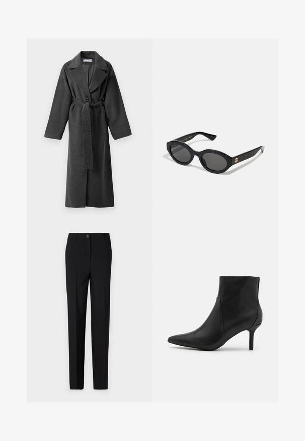 Mørkegrå lang uldfrakke med brede revers, en knap, bælte i taljen og to sidelommer, præsenteret på en hvid baggrund.; Grå cropped sweater med bred halsudskæring, lange ærmer og et blødt, struktureret strikstof. Enkel design, ingen mønstre eller udsmykninger.; Sorte skræddersyede bukser med lige ben-design, der har en knaplukning og bæltestropper, lavet af glat stof.; Anna Field Ankelstøvler - black; Sorte ovale solbriller med mørke linser og blank plastramme. Har et guldlogo på stykket, hvilket giver et slankt og moderne design.