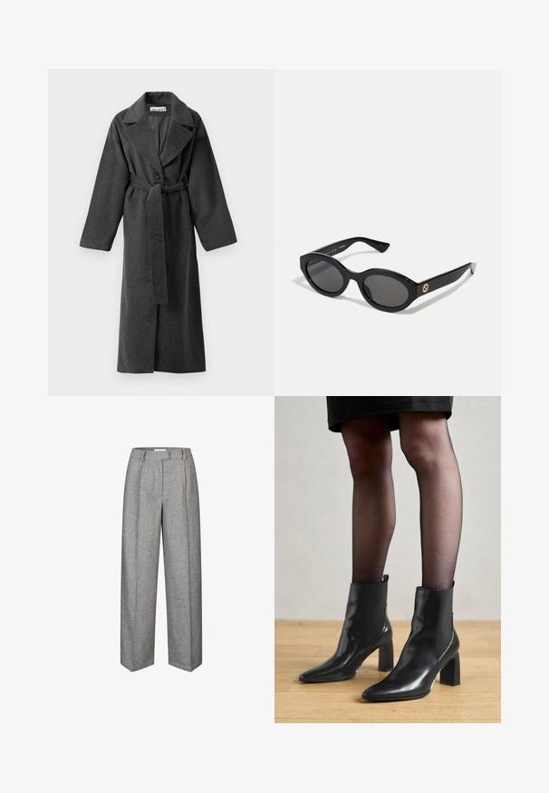 Tumma harmaa pitkä villakangastakki, jossa on leveät kaulukset, yksi nappi, vyötärölle kiristettävä vyö ja kaksi sivutaskua, esitelty valkoisella taustalla.; Harmaa lyhythihainen neulepaita, jossa on leveä kaula-aukko, pitkät hihat ja pehmeä, teksturoitu neulontakangas. Yksinkertainen muotoilu, ei kuvioita tai koristeluja.; Harmaat villahousut, joissa on leveä lahjesuunnittelu, ryhtiliikkeet, korkea vyötärö ja teksturoitu kangas. Muotoilu on istuva ja pinnaltaan sileä.; Mustat nahkasaappaat nilkkamittaisella varrella, terävässä kärjessä, paksussa neliömassassa ja tyylikkäässä muotoilussa. Varustettu joustavilla sivupaneeleilla, jotka helpottavat pukemista.; Mustat soikeat aurinkolasit tummilla linsseillä ja kiiltävästä muovista valmistetulla kehällä. Varustettu kullanvärisellä logolla temppeleissä, tarjoten tyylikkään ja modernin muotoilun.