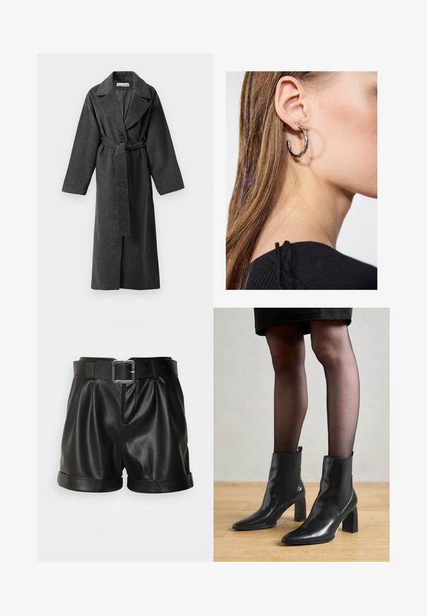 Manteau long en laine gris foncé avec des revers larges, un bouton, taille ceinturée et deux poches latérales, présenté sur un fond blanc.; Pull gris court avec un large col, des manches longues et un tissu tricoté doux et texturé. Design simple, sans motifs ni embellissements.; Shorts en cuir noir avec une large taille et une boucle en métal argenté. Présentent un devant plissé et des manches roulées. Texture lisse et design ajusté.; Bottines en cuir noir avec un bout pointu, un talon carré épais et un design élégant. Présente des panneaux latéraux élastiques pour un enfilage facile.; Boucle d'oreille en argent avec une finition polie, présentant de petits détails en or et de forme ronde, portée sur le lobe.