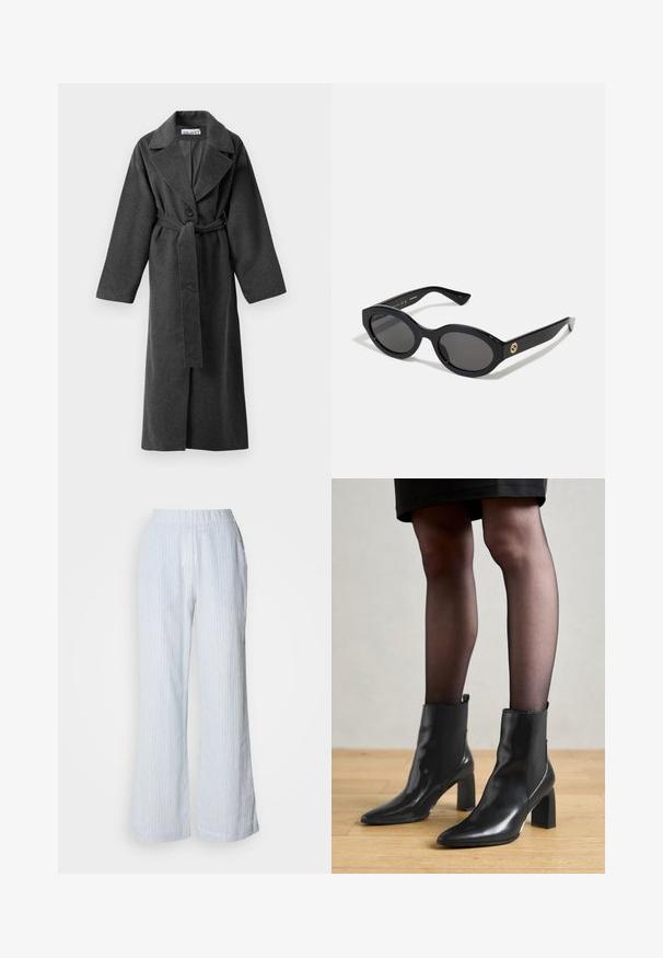 Dunkelgrauer langer Wollmantel mit breiten Revers, einem Knopf, Taillengürtel und zwei seitlichen Taschen, auf einem weißen Hintergrund präsentiert.; Grauer, kurz geschnittener Pullover mit weitem Ausschnitt, langen Ärmeln und einem weichen, strukturierten Strickstoff. Einfaches Design, keine Muster oder Verzierungen.; Hellblaue weite Hose mit vertikalen weißen und roten Streifen. Verfügt über einen elastischen Taillenbund und Seitentaschen. Sanfte, baumwollähnliche Textur.; Schwarze Leder-Ankle-Boots mit spitzer Zehenform, klobigem quadratischem Absatz und schlankem Design. Verfügt über elastische seitliche Einsätze für leichtes An- und Ausziehen.; Schwarze ovale Sonnenbrille mit dunklen Gläsern und glänzendem Kunststoffrahmen. Mit goldenem Logo am Bügel, das ein elegantes und modernes Design bietet.