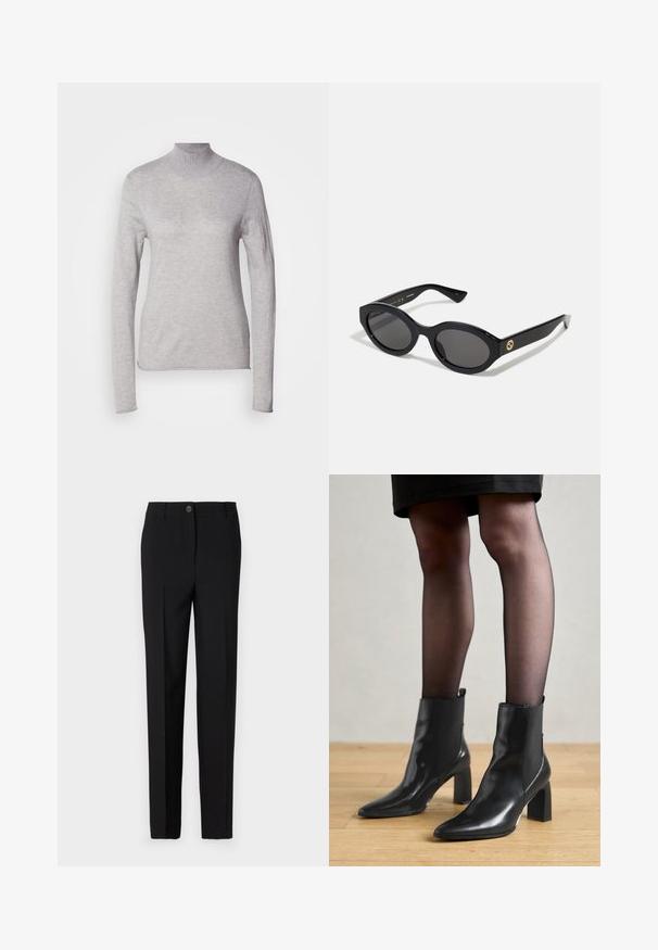 Temno siva dolga volnena plašč z širokimi reverji, enim gumbom, pasom in dvema stranskima žepoma, prikazan na beli podlagi.; Svetlo siva turtleneck majica z dolgimi rokavi, izdelana iz mehkega pletenega materiala. Ponuja prileganje in rebrast ovratnik. Gladka tekstura.; Črne krojene hlače s ravnim krojem, z gumbom za zapiranje in zankami za pas, narejene iz gladkega materiala.; Črne usnjene gležnjarje s koničastim nosom, masivnim kvadratnim petam in sleek oblikovanjem. Imajo elastične stranske panele za enostavno obuvanje.; Črne ovalne sončna očala s temnimi lečami in sijočim plastičnim okvirjem. Imajo zlat logo na robu, kar ponuja eleganten in sodoben oblikovalski pristop.