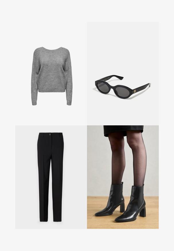 Tumehall pikk villane mantel laiad kraed, üks nupp, vöödiga talje ja kaks külgetaskut, esitlemisel valgel taustal.; Hallusaga halli lühike sviiter laia kaelusega, pikad varrukad ja pehme, tekstureeritud kudum. Lihtne disain, ilma mustrite või kaunistusteta.; Mustad kohandatud püksid sirge jalgade lõikega, varustatud nupuvajutuse ja vöökohaga, valmistatud siledast kangast.; Mustad mustad jalanõud terava ninaga, paksu ruudukujulise kontsaga ja saleda disainiga. Omavad elastseid külgpaneele mugavaks selga tõmbamiseks.; Mustad mustad prillid tumedate läätsedega ja läikiva plastraamiga. Omab kuldset logo põlveosal, pakkudes stiilset ja kaasaegset disaini.