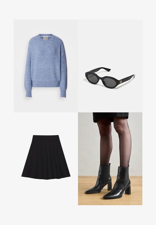 Dunkelgrauer langer Wollmantel mit breiten Revers, einem Knopf, Taillengürtel und zwei seitlichen Taschen, auf einem weißen Hintergrund präsentiert.; Hellblauer Pullover aus weichem, strukturiertem Material. Verfügt über einen Rundhalsausschnitt und lange Ärmel mit gerippten Bündchen. Minimalistisches Design.; Schwarzer, plissierter Rock aus strukturiertem Stoff mit einem taillierten Bund. Fällt knielang und hat eine glatte, klare Silhouette.; Schwarze Leder-Ankle-Boots mit spitzer Zehenform, klobigem quadratischem Absatz und schlankem Design. Verfügt über elastische seitliche Einsätze für leichtes An- und Ausziehen.; Schwarze ovale Sonnenbrille mit dunklen Gläsern und glänzendem Kunststoffrahmen. Mit goldenem Logo am Bügel, das ein elegantes und modernes Design bietet.
