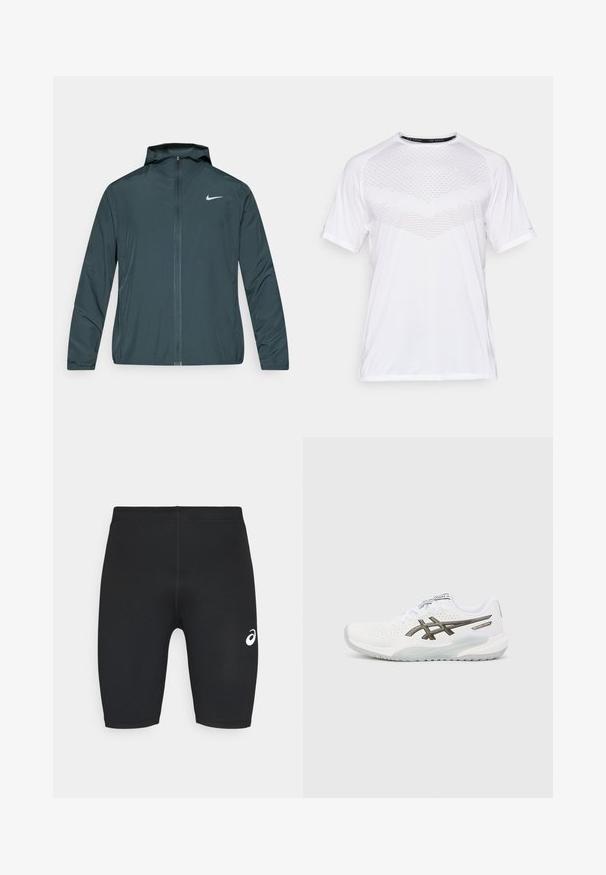 Nike windbreaker jacket in dark green, featuring a full-zip front, adjustable hood, and white logo on the left chest. Lightweight, smooth fabric.; White short-sleeve athletic shirt with a textured geometric pattern on the front, made of lightweight fabric, round neckline, and relaxed fit.; Black athletic shorts with a smooth texture, fitted design, and white logo on the left side. No visible pockets or hardware details.; White athletic shoe with perforated mesh upper, gray accents, logo on side, and a cushioned sole design. Features lace-up closure.