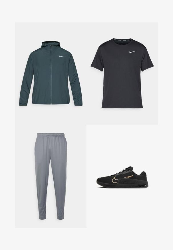 Nike windbreaker jacket in dark green, featuring a full-zip front, adjustable hood, and white logo on the left chest. Lightweight, smooth fabric.; Black Nike running T-shirt made of lightweight, breathable material, featuring short sleeves and a small white logo on the chest.; Gray athletic pants made from lightweight fabric, featuring an elastic waistband, tapered legs, and a small logo on the side.; Black athletic shoes with a textured mesh upper, gold accent swoosh, and a rigid, patterned sole. Features lace-up design and cushioned heel.