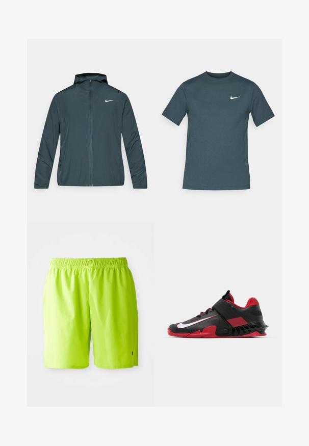 Nike vindjakke i mørkegrønn, med hel glidelås foran, justerbar hette og hvit logo på venstre bryst. Lett, glatt stoff.; Mørk teal kortermet T-skjorte laget av myk stoff med hvit Nike-logo på venstre bryst. Klassisk rundhalset design.; Lyse limegrønne svømmebukser med elastisk liv og sidelommer, vist mot en enkel hvit bakgrunn.; Sorte og røde treningssko med et slankt design, teksturert mesh-overdel, solid gummisåle og fremtredende hvit logo-akse.