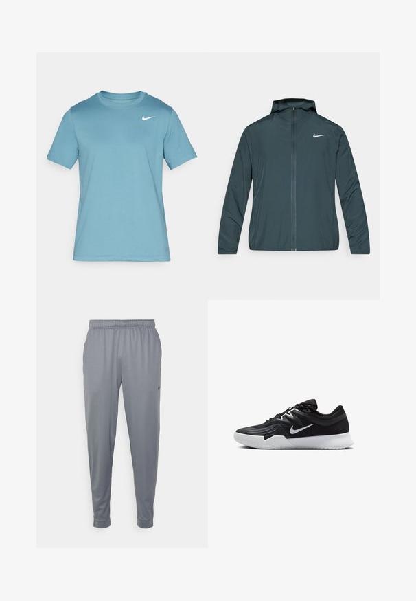 Nike-tuulitakki tummanvihreänä, kokonaan vetoketjullisella edessä, säädettävällä hupulla ja valkoisella logolla vasemmassa rinnassa. Kevyt, sileä kangas.; Vaaleansininen lyhythihainen t-paita, joka on valmistettu sileästä kankaasta. Siinä on pyöreä kaula-aukko ja pieni valkoinen Nike-logo vasemmassa rintataskussa.; Harmaat urheiluhaalarit, jotka on valmistettu kevyestä kankaasta. Niissä on joustava vyötärö, kapenevat lahkeet ja pieni logo sivussa.; Musta urheilukenkä, jossa on teksturoitu päällinen, valkoinen Nike-tikkaus ja valkoinen kumipohja. Kenkässä on nauhakuji ja dynaaminen muoto.