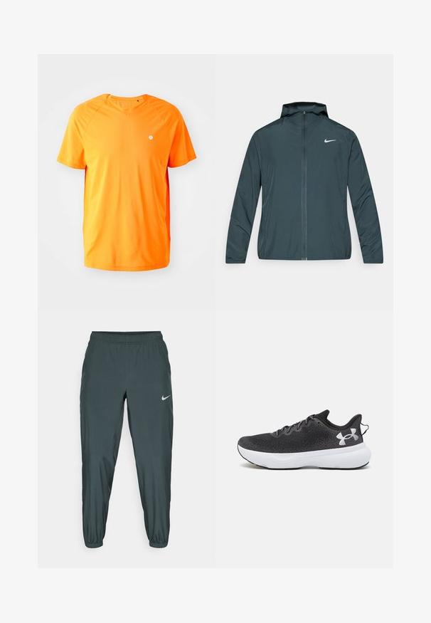 Casaco corta-vento Nike em verde escuro, com fecho frontal completo, capuz ajustável e logótipo branco no peito esquerdo. Tecido leve e suave.; Camiseta laranja de manga curta com decote em V, feita de tecido suave, com mangas raglan e um pequeno logotipo branco no lado esquerdo do peito.; Calças de desporto Nike em verde escuro, com um cós elástico, formato de perna afunilada e um discreto logotipo refletor na lateral.; Ténis de desporto pretos com um superior em malha texturizada, sola de amortecimento branca e atacadores pretos, apresentando um logótipo branco proeminente no calcanhar.