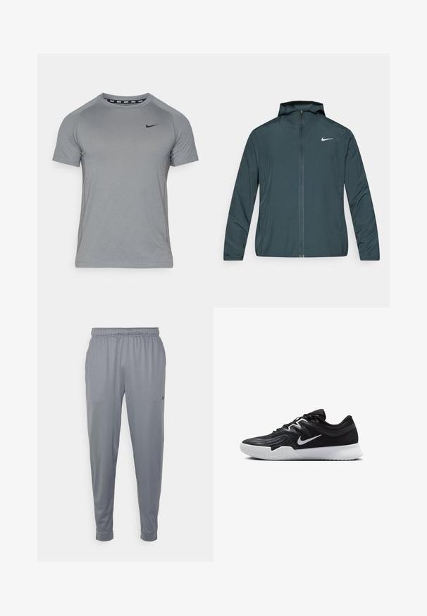 Nike-tuulitakki tummanvihreänä, kokonaan vetoketjullisella edessä, säädettävällä hupulla ja valkoisella logolla vasemmassa rinnassa. Kevyt, sileä kangas.; Harmaa urheilupaita lyhyillä hihoilla, pyöreällä kaula-aukolla ja mustalla Nike-logolla rinnassa; sisältää verkkomateriaalista sivupaneelin hengittävyyden parantamiseksi.; Harmaat urheiluhaalarit, jotka on valmistettu kevyestä kankaasta. Niissä on joustava vyötärö, kapenevat lahkeet ja pieni logo sivussa.; Musta urheilukenkä, jossa on teksturoitu päällinen, valkoinen Nike-tikkaus ja valkoinen kumipohja. Kenkässä on nauhakuji ja dynaaminen muoto.