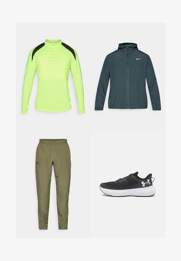 Nike vindjakke i mørkegrønn, med hel glidelås foran, justerbar hette og hvit logo på venstre bryst. Lett, glatt stoff.; Langermet treningstopp i lys neongul med et teksturert heksemønster på brystet og svarte detaljer på skulderne.; Olivengrønne treningsbukser med elastisk midjebånd, smale ben, en glatt tekstur og en liten svart logo på venstre side.; Sorte joggesko med en teksturert mesh-overdel, hvit dempesåle og svarte lisser, med en fremtredende hvit logo på hælen.