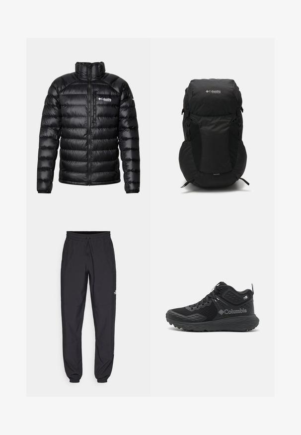 Črna napihnjena jakna z visokim ovratnikom, zadrgo spredaj in logotipom na prsih. Ima kvadrate, sijoče panele in elastične manšete.; Črna kratkosleevena majica iz lahkotnega materiala. Ima majhen bel logo na levem prsnem delu in diskretne poudarke na ramenskem predelu.; Črne atletske hlače iz lahkega materiala, ki imajo elastični pas z vezalko, stranske žepe in zožene manšete na gležnjih.; Črne pohodne čevlje z mrežastim zgornjim delom, teksturiranimi detajli, oblazinjeno podplatom in izstopajočim logotipom. Značilnosti vključujejo varen sistem vezalk in zanko za vleko.; Črn nahrbtnik s zaobljenim vrhom, izdelan iz trpežne tkanine. Ima stranske mrežaste žepe in oznako za dežno zaščito na dnu.