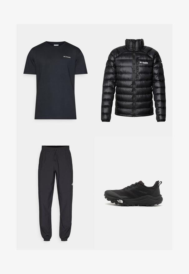 Svart pufferjacka med hög krage, dragkedja fram och logotyp på bröstet. Har kviltade, glänsande paneler och elastiska manschetter.; Columbia NORTH CASCADES™ SHORT SLEEVE TEE - T-shirt med print - black; Svarta träningsbyxor tillverkade av lättviktsmaterial, med dragsko i midjan, sidofickor och avsmalnande muddar vid anklarna.; Svart terränglöparsko med en strukturerad ovandel, gummisula och förstärkt tåhätta. Har en vadderad krage och en dragflik för enkel påtagning.