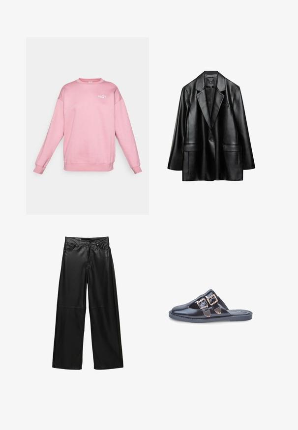 Crni blazer od umjetne kože s izrezanim reverima, jednim dugmetom i dva prednja džepa, s glatkom, sjajnom teksturom.; Ružičasti dukserica od mekanog materijala s okruglim izrezom i dugim rukavima. Ima mali bijeli logo na prsima. Jednostavan dizajn.; Bijela majica kratkih rukava od pamuka, s okruglim izrezom i opuštenim krojem, bez vidljivih uzoraka ili grafike.; Crne hlače širokih nogavica od umjetne kože s prednjim džepovima, petljama za pojas, zatvaranjem na gumb i šavovima ispod koljena.; Crne kožne klompe bez pete sa šiljastim vrhom i dvije zlatne kopče na gornjem dijelu, ravna gumena potplat, fotografirane na bijeloj pozadini.