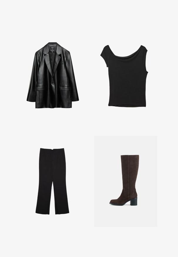 Black faux leather blazer with notched lapels, single button closure, and two front pockets, featuring a smooth, shiny texture.; Black short-sleeve top made of smooth fabric; features a draped neckline and an asymmetrical hemline, with a fitted body.; Black trousers with a straight fit, featuring front pockets and side slits at the hem. Made of soft, smooth fabric. Suitable for various occasions.; Brown suede knee-high boots with a block heel and a smooth finish. Rounded toe and distinct seam detailing on the shaft.