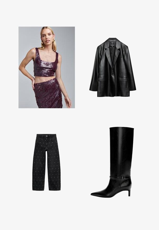 Černý faux kůže blazer s klopami, zapínáním na jeden knoflík a dvěma předními kapsami, s hladkou, lesklou texturou.; Burgundské krémové crop top s čtvercovým výstřihem a odpovídající sukní, obě části mají hladkou texturu a třpytivý povrch.; Černé denimové široké kalhoty s vzorem malých stříbrných očínek, klasickým pětikapsovým designem a zapínáním na knoflík.; Černá kožená vysoká bota po kolena s špičatou špičkou a malým podpatkem. Obsahuje úzký pásek s kovovou sponou kolem kotníku. Hladký povrch.