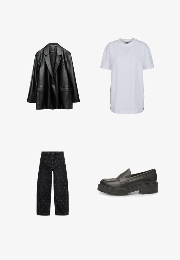 Črni umetni usnjeni blejzer z izvihanimi reverji, enojnim gumbom in dvema sprednjima žepoma, ki se ponaša z gladko, sijočo teksturo.; Bela kratkotrajna majica s kratkimi rokavi iz bombaža, ki ima okroglo ovratnico in sproščen kroj, brez vidnih vzorcev ali grafik.; Črne široke kavbojke iz denima z vzorcem manjših srebrnih gromet, klasičnega pet-pocket dizajna in sprednjim zapiranjem na gumb.; Črne usnjene loaferje z zaobljenim nosom, izrazitim šivanjem in rebernim gumijastim podplatom za boljši oprijem. Klasična zasnova za enostavno obuvanje.