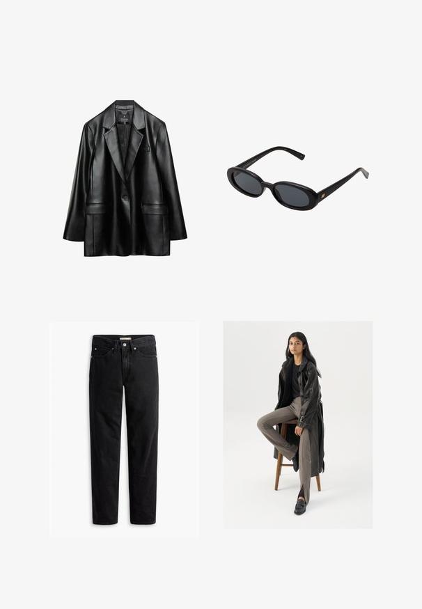 Černý faux kůže blazer s klopami, zapínáním na jeden knoflík a dvěma předními kapsami, s hladkou, lesklou texturou.; Bílý krátký rukáv bavlněného trička s kulatým výstřihem a volným střihem, bez viditelných vzorů nebo grafik.; Černé rovné džínsy se zapínáním na knoflík a zip, poutky na opasek a předními a zadními kapsami, vystavené na bílém pozadí.; Černý kožený trenčkota s knoflíky a detailem pásku, kombinovaný s světle hnědými úzkými kalhotami a černými mokasínami, sedící na dřevěném stoličce.; Černé oversized sluneční brýle s oválnými čočkami, hladkým plastovým rámem a zlatými akcenty na spáncích. Tmavé čočky poskytují ochranu před sluncem.