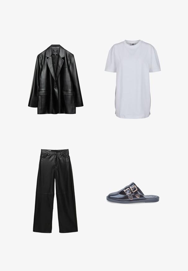 Czarna marynarka z sztucznej skóry z klapami, jedną guzikową zapięciem i dwiema przednimi kieszeniami, charakteryzująca się gładką, błyszczącą fakturą.; Biała koszulka z krótkim rękawem z bawełny, z okrągłym dekoltem i luźnym krojem, bez widocznych wzorów czy grafik.; Czarne spodnie z szerokimi nogawkami z sztucznej skóry, z przednimi kieszeniami, szlufkami na pasek, zapięciem na guzik oraz szwami poniżej kolan.; Czarne skórzane klapki typu mule z szpiczastym noskiem i dwoma złotymi klamrami na górze, płaska gumowa podeszwa, sfotografowane na białym tle.