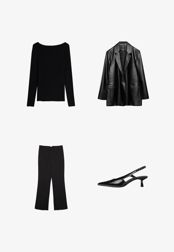 Schwarze Kunstlederjacke mit Reverskragen, einreihiger Knopfverschluss und zwei vorderen Taschen, mit einer glatten, glänzenden Textur.; Intimissimi U-BOOT-AUSSCHNITT - Langarmshirt - black; Schwarze Hose mit geradem Schnitt, ausgestattet mit Fronttaschen und Seitenschlitzen am Saum. Hergestellt aus weichem, glattem Stoff. Geeignet für verschiedene Anlässe.; Schwarze Lackleder-Slingback-High Heels mit spitzer Zehenform, ausgeschnittenem Seitendesign und kleinem Blockabsatz. Glatte Textur mit minimalen Akzenten.