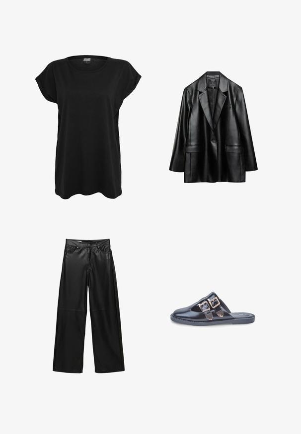 Sort faux læder blazer med spidse revers, enkelt knaplukning og to frontlommer, der har en glat, skinnende tekstur.; Sort bomulds t-shirt med korte ærmer, rund halsudskæring og en afslappet pasform. Har en label på kraven. Glat tekstur og simpelt design.; Sorte kunstlæder bukser med bred benvidde, frontlommer, bæltestropper, knaplukning og sømdetaljer under knæene.; Sort læder slip-on mule med spidse tæer og to gyldne spænder på overdelen, flad gummisål, fotograferet på hvid baggrund.