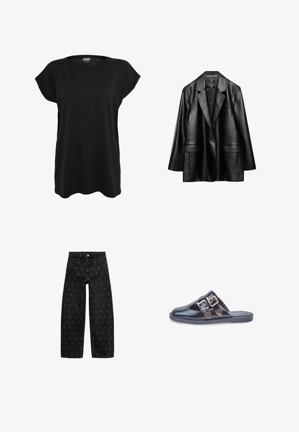 Mustat tekonahasta valmistettu bleiseri, jossa on leikattu kaulus, yksittäinen napin suljenta ja kaksi etutaskua. Bleiserissä on sileä ja kiiltävä rakenne.; Musta puuvillainen t-paita lyhyillä hihoilla, pyöreällä kaula-aukolla ja rentolla istuvuudella. Vaatteessa on etiketti kauluksessa. Silkkinen rakenne ja yksinkertainen muotoilu.; Mustat farkut, joissa on leveät lahkeet ja pieniä hopeisia niittejä, klassinen viisi-taskuinen muotoilu ja nappisuljenta edessä.; Mustat nahkaiset liukupohjaiset mallit, joissa on terävä kärki ja kaksi kultabukkelia päällä, litteä kumipohja, kuvattuna valkoista taustaa vasten.