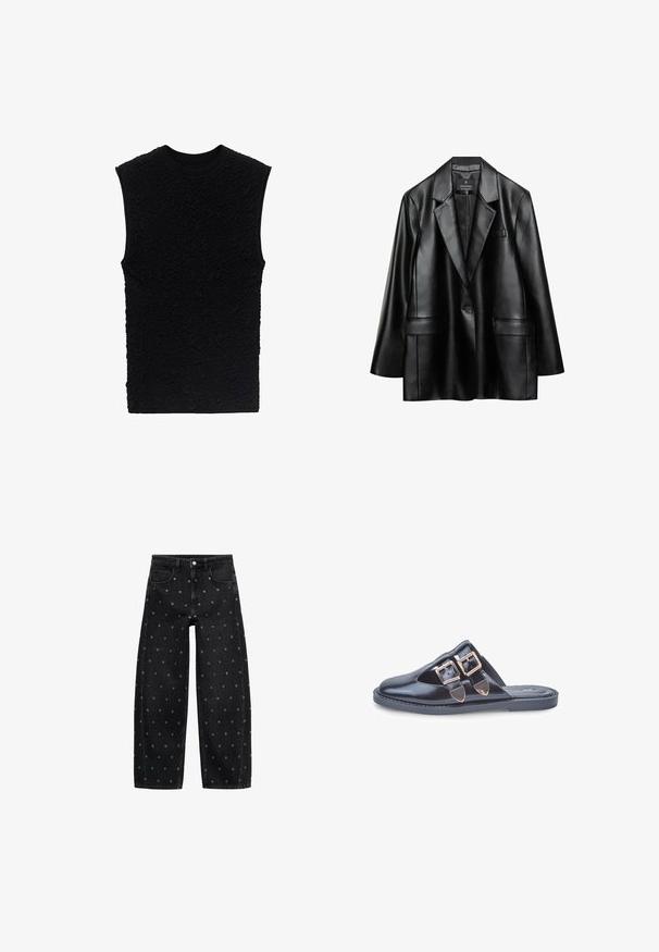Czarna marynarka z sztucznej skóry z klapami, jedną guzikową zapięciem i dwiema przednimi kieszeniami, charakteryzująca się gładką, błyszczącą fakturą.; Czarny bezrękawnik o teksturowanej powierzchni z wytłoczonymi wzorami. Okrągły dekolt i dopasowany krój, wykonany z miękkiego materiału.; Czarne dżinsy o szerokich nogawkach z wzorem małych srebrnych grommetów, z klasycznym pięciokomorowym krojem i zapięciem na guziki.; Czarne skórzane klapki typu mule z szpiczastym noskiem i dwoma złotymi klamrami na górze, płaska gumowa podeszwa, sfotografowane na białym tle.