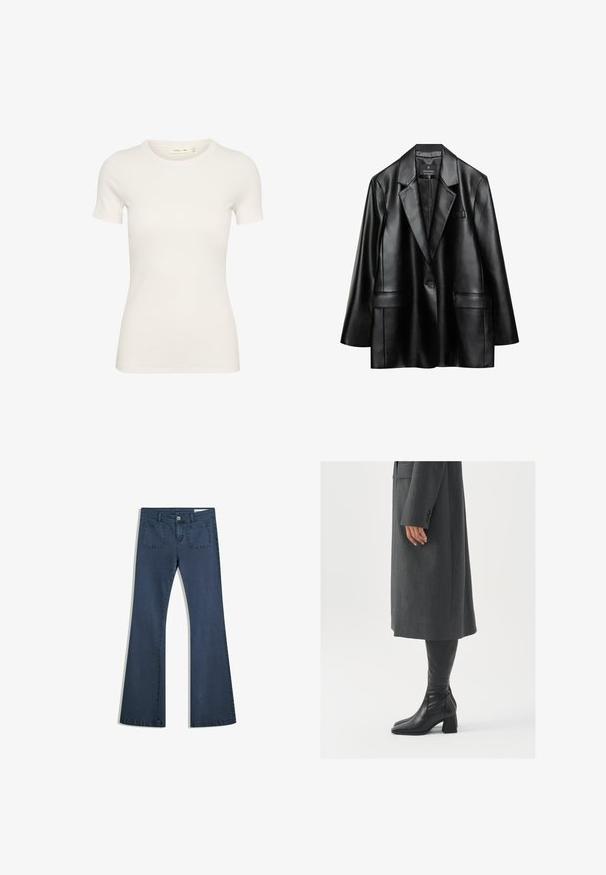 Svart faux läder blazer med snedskurna slag, enkel knappstängning och två framfickor, med en slät, glansig yta.; Vit t-shirt med kort ärm, tillverkad av ribbad bomull, med rund halsringning och en figurnära silhuett. Inga synliga mönster eller detaljer.; Mörkblå utsvängda jeans i denim med sydda fickor, knappstängning och en slät yta. Har en klassisk femfickedesign.; Grå, skräddarsydd ytterrock med rak skärning; kombinerad med knähöga svarta läderstövlar med fyrkantig tå och kraftig klack.
