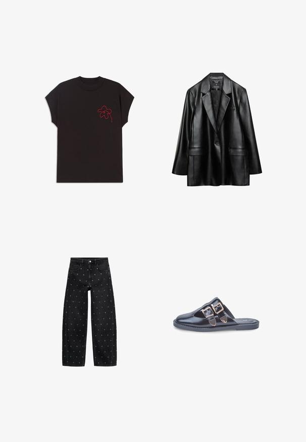 Black faux leather blazer with notched lapels, single button closure, and two front pockets, featuring a smooth, shiny texture.; Black short-sleeve t-shirt with a round neckline; features a red embroidered flower design on the left chest area. Smooth fabric texture.; Black denim wide-leg jeans featuring a pattern of small silver grommets, with a classic five-pocket design and button front closure.; Black leather slip-on mule with pointed toe and two gold buckle straps on the upper, flat rubber sole, photographed on white background.