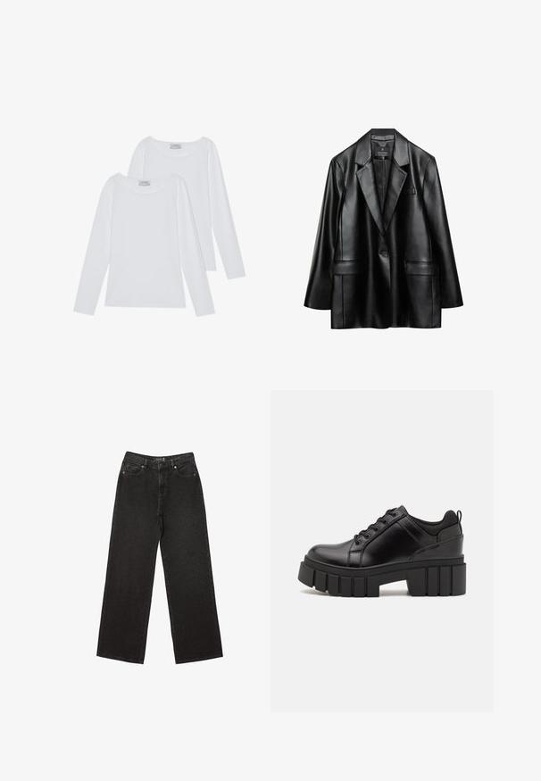 Schwarze Kunstlederjacke mit Reverskragen, einreihiger Knopfverschluss und zwei vorderen Taschen, mit einer glatten, glänzenden Textur.; Zwei langärmelige Oberteile in Weiß, mit runden Ausschnitten und weichem Stoff, minimalen Nähten und klaren Linien für einen vielseitigen Look.; Schwarze weit geschnittene Jeans aus Denim, mit kleinen gepunkteten Mustern, klassischem Fünf-Taschen-Design und einem Knopf- und Reißverschluss.; Schwarze Lederplateauschuhe mit klobigem Blockabsatz, runder Zehenpartie und traditionellem Schnürdesign. Verfügt über eine glatte Textur und minimale Details.