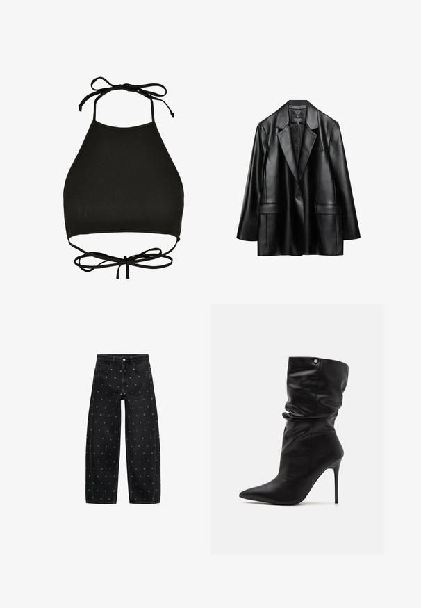 Czarna marynarka z sztucznej skóry z klapami, jedną guzikową zapięciem i dwiema przednimi kieszeniami, charakteryzująca się gładką, błyszczącą fakturą.; Czarny biustonosz bikini w stylu halter wykonany z prążkowanej tkaniny; posiada regulowane wiązania na szyi oraz wycięcie z tyłu z detalem w postaci węzła.; Czarne dżinsy o szerokich nogawkach z wzorem małych srebrnych grommetów, z klasycznym pięciokomorowym krojem i zapięciem na guziki.; Even&Odd Wide Fit - Botki na obcasie