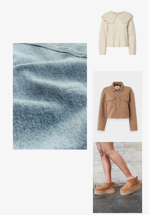 Chaqueta corta marrón hecha de ante suave, con mangas largas, cierre de cremallera y dos bolsillos en el pecho. Presenta acentos de costura visibles.; Suéter color crema con un cuello festoneado y acentos de cuentas plateadas. Hecho de una tela suave y texturizada. Presenta mangas largas y un corte relajado.; Tela de mezclilla azul claro con una sutil textura y un patrón de tejido visible, mostrando ligeras variaciones en color y suavidad.; Botas de tobillo de ante marrón con forro suave, suela de plataforma gruesa beige y una lengüeta trasera. Superficie texturizada con detalles de costura visibles.