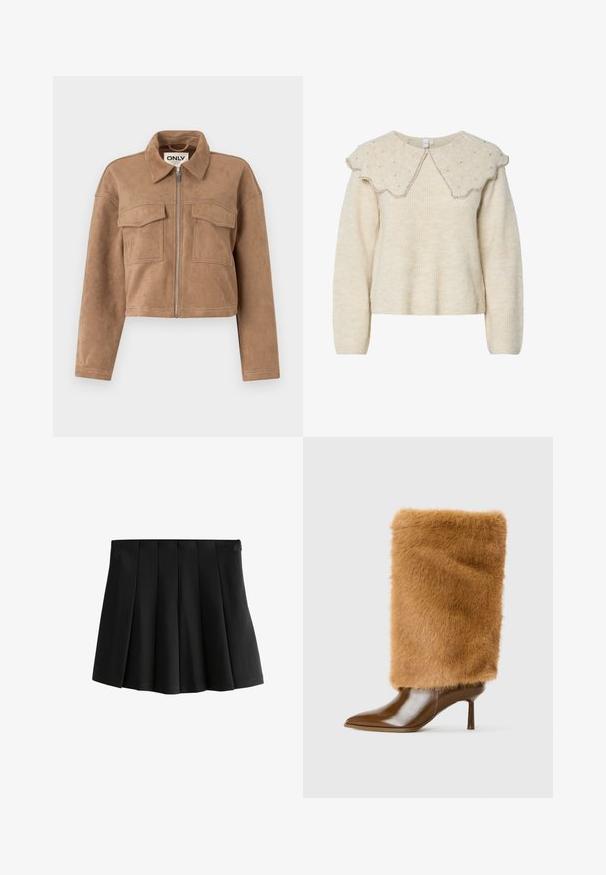 Giacca corta marrone in morbido suede con maniche lunghe, chiusura con zip e due tasche sul petto. Presenta dettagli di cucitura in evidenza.; Maglione color crema con colletto a scallop e dettagli in perline argentate. Realizzato in un tessuto morbido e testurizzato. Presenta maniche lunghe e una vestibilità rilassata.; Gonna mini plissettata nera con vita liscia e pieghe a scatola invertite strutturate, isolata su sfondo bianco.; Stivale marrone con tacco alto, punta in pelle liscia e alti foderi in pelliccia morbida che coprono la caviglia e il polpaccio inferiore.