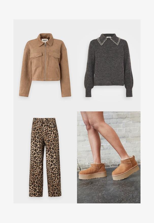 Barna, rövidített dzseki puha bőrből, hosszú ujjal, cipzáros záródással és két mellzsebbel. Kiemelt látható varrás díszítéssel rendelkezik.; Sötét szürke pulóver texturált kötésű anyagból, gyöngyökkel díszített gallérral, puffos ujjakkal, bordázott mandzsettákkal és aljjal.; Leopárd mintás, barna és fekete tónusú, bőszárú nadrág, húzózsinórral ellátott derékkal és könnyű, texturált anyagból készült.; Barna velúr bokacsizma puha béléssel, vastag bézs platformtalppal és hátsó húzófüllel. Texturált felület látható varrási részletekkel.