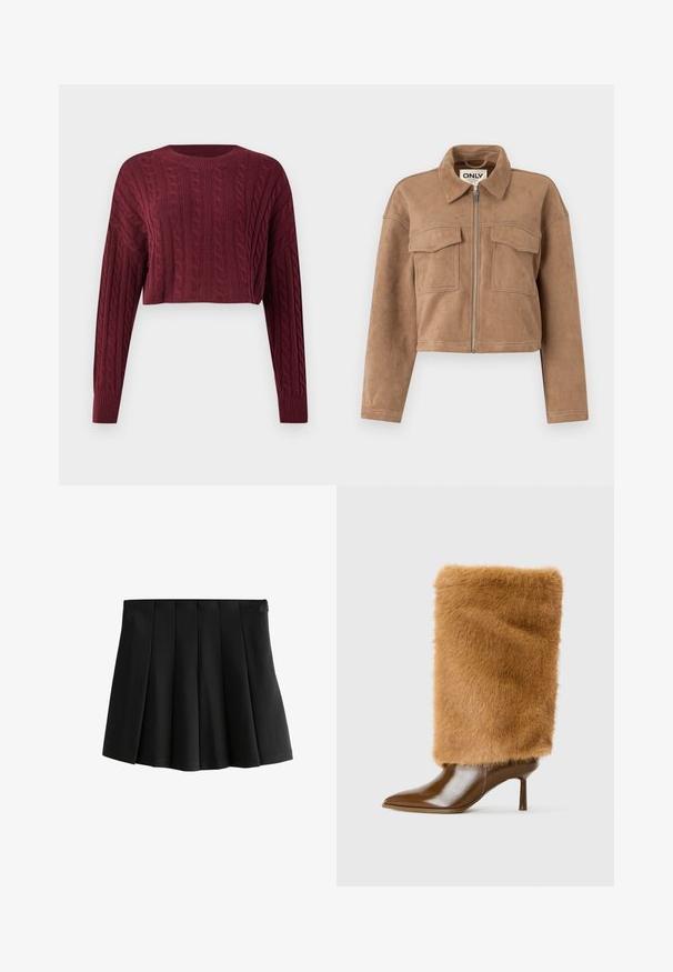 Pruuni lühike jope, mis on valmistatud pehmest nahast, pikkade varrukatega, lukuga kinnitamine ja kaks rinnataskut. Jopel on nähtavad õmblusaksendid.; Burgundia lühike kampsun, millel on nööride kudumimuster, pikad varrukad ja soonikkoes kaelus ja mansetid, näidates tekstuurset kangast.; Mustast pleeditud mini seelik sileda elastse vöökoha ja struktureeritud ümberpööratud kastipleediga, isoleeritud valgel taustal.; Pruun kõrge kontsaga saapad sujuvast nahast terava varbaga ja kõrge, pehme karvaga varras, mis katab pahkluu ja alumise säär.