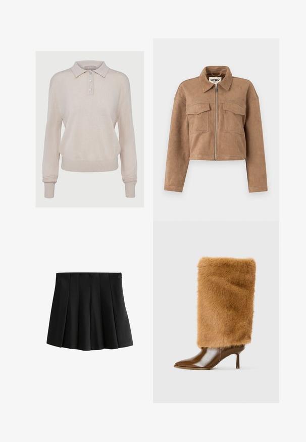 Braune, kurze Jacke aus weichem Wildleder mit langen Ärmeln, einem Reißverschluss und zwei Brusttaschen. Verfügt über sichtbare Steppnähte.; Beige gestrickter Poloshirt-Pullover mit langen Ärmeln, knöpfbarem Ausschnitt, gerippten Bündchen und Saum, mit einer weichen Textur und lässiger Passform.; Schwarzer, plissierter Minirock mit einem glatten Bund und strukturierten, umgekehrten Kastenfalten, isoliert auf weißem Hintergrund.; Brauner High-Heel-Stiefel mit glattem Leder, spitzer Zehenpartie und hohem, plüschigem Fellschaft, der den Knöchel und den unteren Wadenbereich bedeckt.