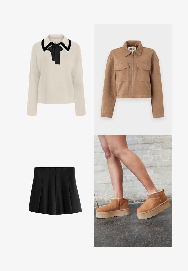 Braune, kurze Jacke aus weichem Wildleder mit langen Ärmeln, einem Reißverschluss und zwei Brusttaschen. Verfügt über sichtbare Steppnähte.; Beige Bluse mit langen Ärmeln, schwarzem Kragen und Schleifendetail. Weicher Stoff, lockere Passform und cropped Länge.; Schwarzer, plissierter Minirock mit einem glatten Bund und strukturierten, umgekehrten Kastenfalten, isoliert auf weißem Hintergrund.; Braune Wildleder-Stiefeletten mit einem weichen Futter, dicker beige Plateau-Sohle und einer Zuglasche auf der Rückseite. Strukturiert Oberfläche mit sichtbaren Nähdetails.