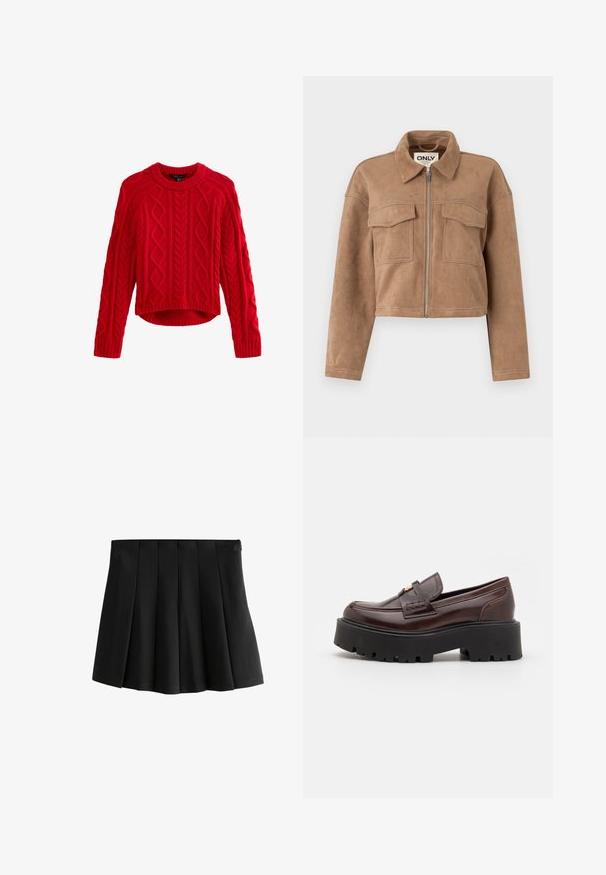 Bruine cropped jas van zacht suede met lange mouwen, een ritssluiting en twee borstzakken. Kenmerkt zichtbare stiksels.; Rode gebreide trui met een textuur kabelpatroon, ronde halslijn en lange mouwen. Verkorte pasvorm met geribbelde zoomdetails.; Zwarte geplisseerde minirok met een gladde tailleband en gestructureerde omgekeerde doosplooien, geïsoleerd op een witte achtergrond.; Madden Girl CALISTA - Instappers - brown