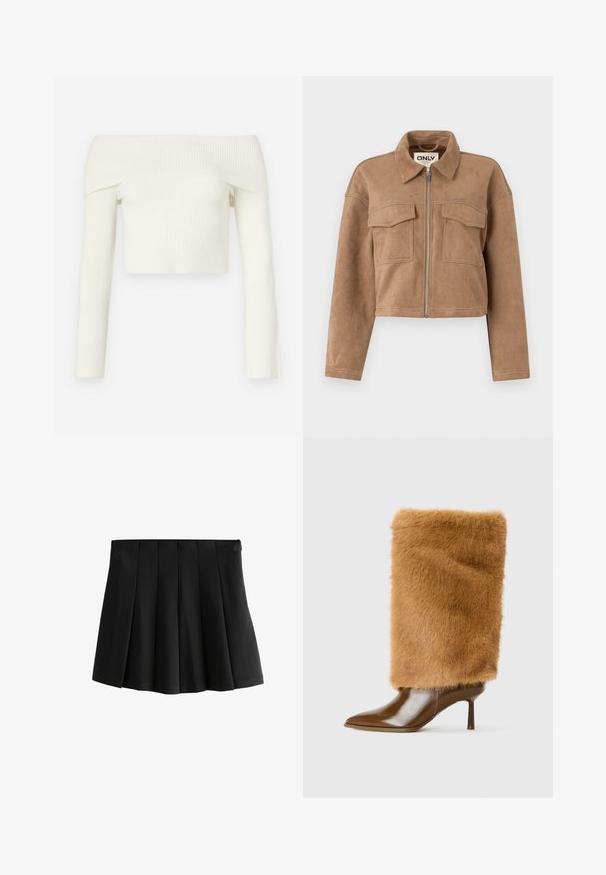 Hnedá skrátená bunda vyrobená z jemného semišu s dlhými rukávmi, zipsovým uzáverom a dvoma vreckami na hrudi. Obsahuje viditeľné prešívanie.; Top bez ramienok, skrátený so záhybmi, vyrobený z mäkkej bielej tkaniny. Má dlhé rukávy a priliehavý strih.; Čierna plisovaná mini sukňa s hladkým pásom a štruktúrovanými obrátkami, izolovaná na bielom pozadí.; Hnedé vysoké podpätkové čižmy s hladkou koženou špicatou špičkou a vysokým, plyšovým kožúškom, ktorý zakrýva členok a dolnú časť lýtka.