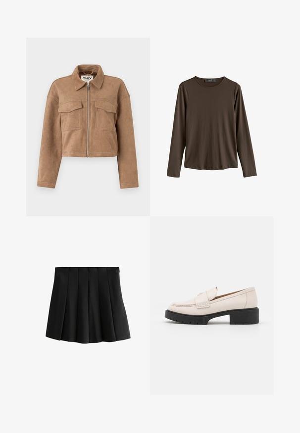 Ruda trumpa striukė, pagaminta iš minkštos zomšos, su ilgomis rankovėmis, užtrauktuku ir dviem krūtinės kišenėmis. Pabrėžti matomi siūlės akcentai.; Ruda ilga rankovė marškiniai, pagaminti iš lygaus audinio. Yra apvalus iškirpimas ir tiesi apačia, be matomų raštų ar dekoracijų.; Juoda plisuota mini sijonas su lygiu juosmens juostu ir struktūruotais apvertais dėžutės pletiniais, izoliuotas ant baltos fono.; Šviesiai smėliniai odiniai laivai su siuvinėta priekiu ir tekstūriniu juodu platformos kulnu. Pasižymi kreiviu dizainu ir nedideliu pakilimu.