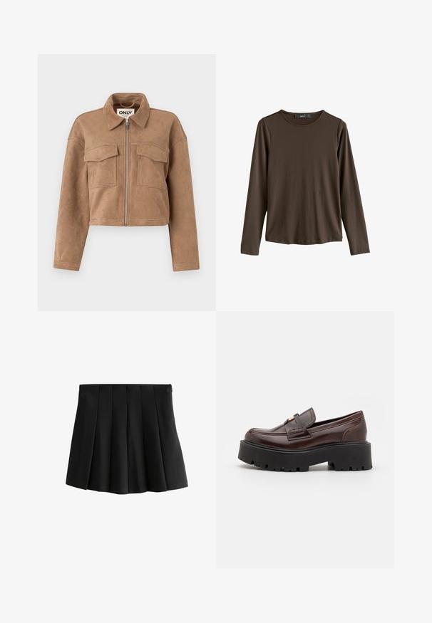 Jachetă scurtă maro din suede moale, cu mâneci lungi, închidere prin fermoar și două buzunare la piept. Prezintă accente de cusături vizibile.; Cămașă lungă maro cu mâneci lungi, realizată dintr-un material neted. Prezintă un guler rotund și o margine dreaptă, fără modele sau accente vizibile.; Fustă mini neagră plisată, cu un brau neted și plisuri inverse structurale, izolată pe un fundal alb.; Madden Girl CALISTA - Pantofi slip-on - brown