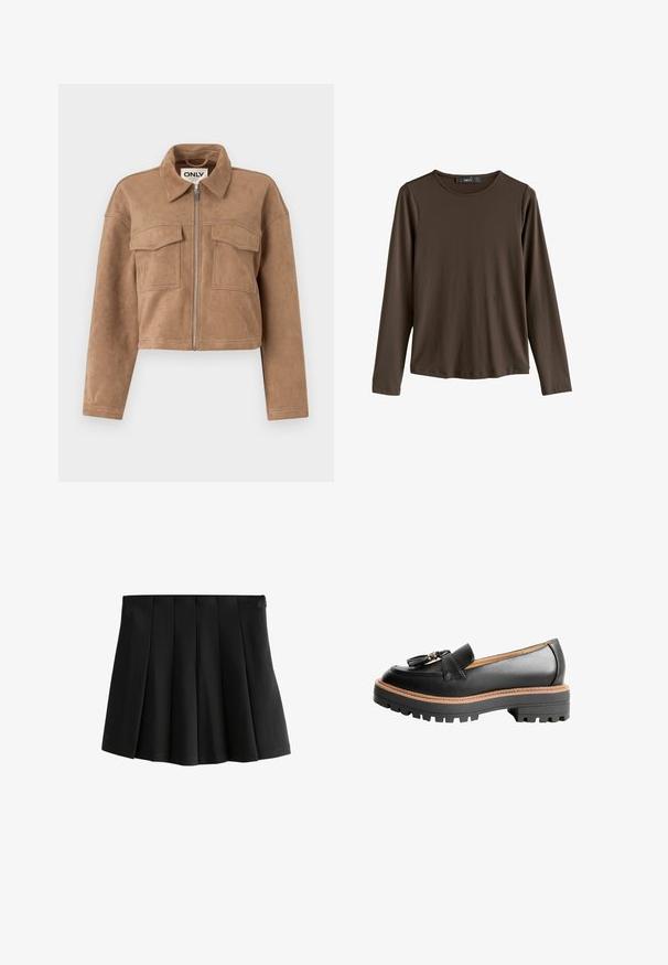 Brun cropped jakke lavet af blød ruskind med lange ærmer, lynlås lukning og to brystlommer. Har synlige stikninger som detaljer.; Brun langærmet skjorte lavet af glat stof. Har en rund halsudskæring og lige kant, uden synlige mønstre eller accenter.; Sort plisseret mini skirt med en glat talje og strukturerede omvendte boksplisseringer, isoleret på hvid baggrund.; Sort læder loafersko med rund tå, dekorativ sløjfedetalje og en kraftig sort gummisål med kontrasterende brun syning.
