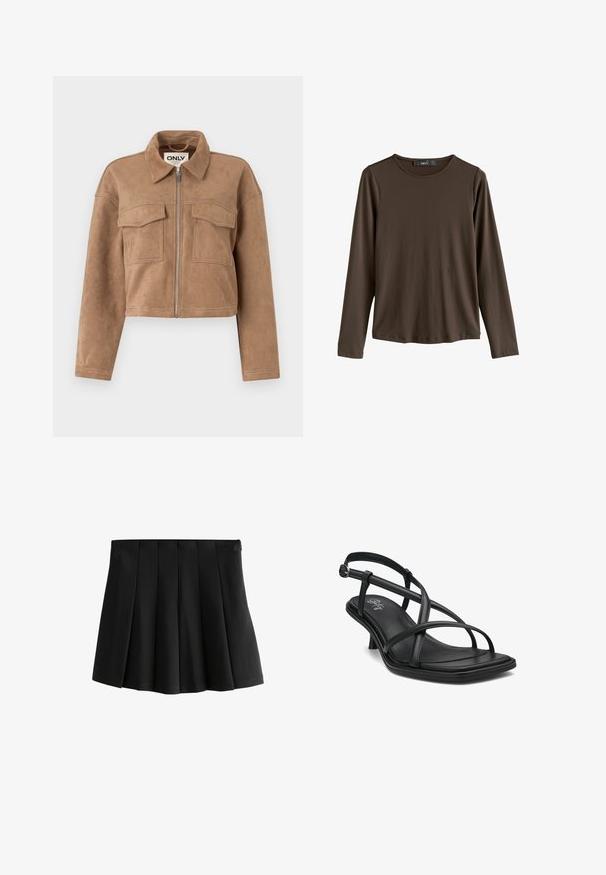 Brun cropped jakke lavet af blød ruskind med lange ærmer, lynlås lukning og to brystlommer. Har synlige stikninger som detaljer.; Brun langærmet skjorte lavet af glat stof. Har en rund halsudskæring og lige kant, uden synlige mønstre eller accenter.; Sort plisseret mini skirt med en glat talje og strukturerede omvendte boksplisseringer, isoleret på hvid baggrund.; Sorte lædersandal med slingback og flere krydsede stropper, firkantet tå, minimal hæl og en glat, tekstureret indersål. Sølvspænde detalje.